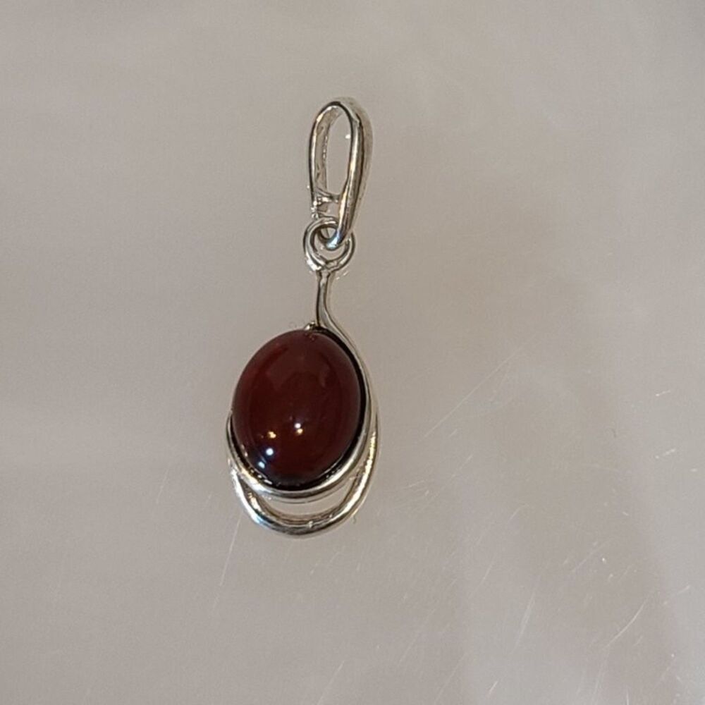 925 Sterling Silver Cherry Amber Oval Pendant Red Baltic Gemstone Vintage Dangle